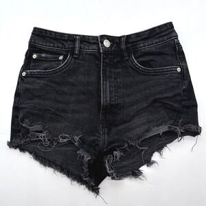 Zara Stretch Denim Shorts‎ Black Distressed Frayed Hem High Rise Shortie Beach 4